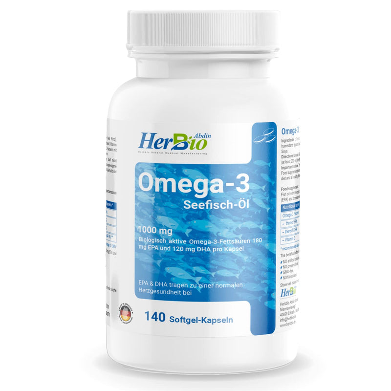 Herbbio Omega-3 Capsules High Dose - 140 Softgel Capsules With 1000Mg Fish Oil, 180Mg Epa And 120Mg Dha Per Capsule, Omega-3 Fatty Acids, Halal Certified, 100% Beef Gelatin, Made In Germany - NewNest Australia