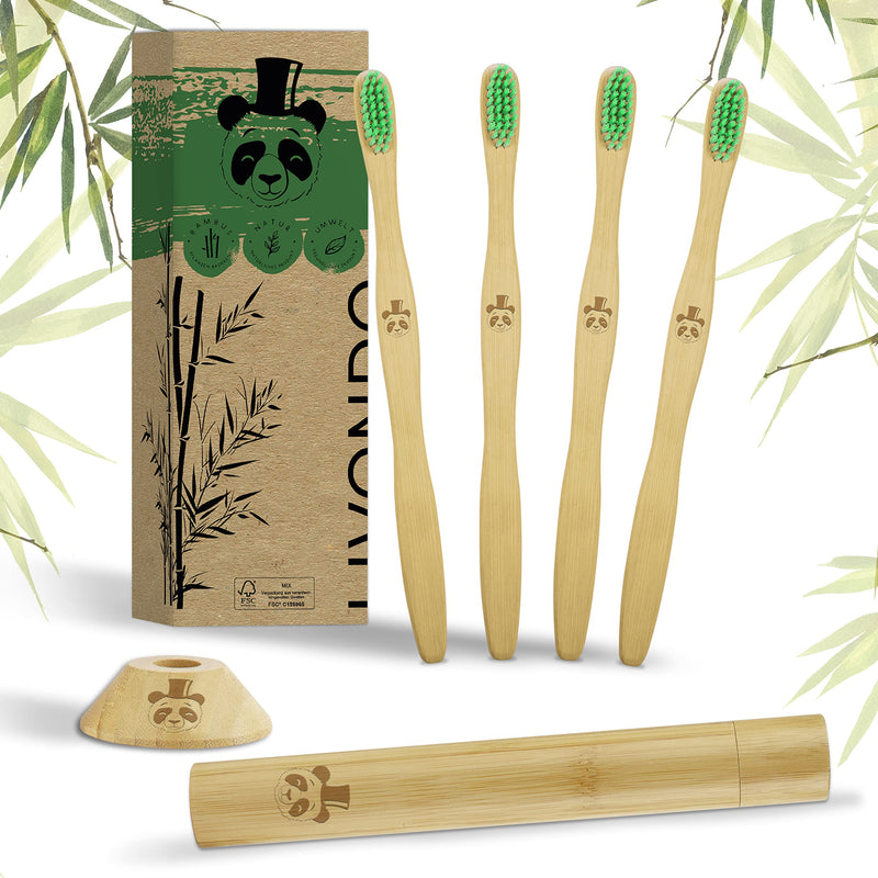 Bamboo Toothbrush Travel Set | Includes Case And Stand Uniform Design | Adorable Panda Motifs | Brush Your Teeth Without Confusion | Bamboo Travel Set | Toothbrushes Made Of Bamboo Wood (Panda Papa) Panda Papa - NewNest Australia