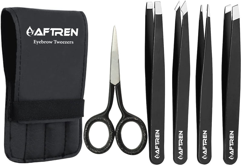 Aftren Professional Stainless Steel Eyebrow Tweezers Set, Best Precision Tweezers For Eyebrow Plucking, Facial Hair And Blackhead Ingrown Hair Remover (Black) - NewNest Australia