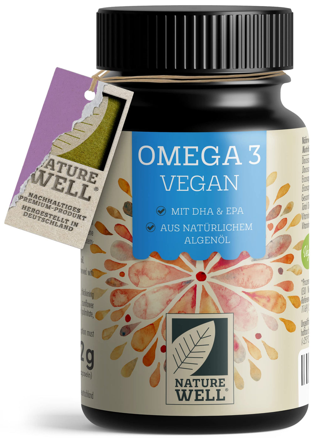 Omega-3 Vegan 60 capsules high dosage, 2000mg, algae oil per day with 600mg DHA & 300mg EPA, vegan Omega-3 from sustainable cultivation as a fish oil alternative, laboratory tested with certificate, NatureWell 60 pieces (pack of 1) - NewNest Australia