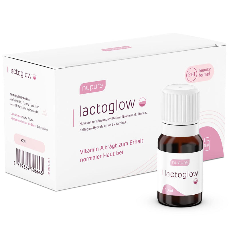 Nupure® Lactoglow, collagen peptide drink for the skin with lactic acid bacteria, vitamin A and inulin, collagen VERISOL® B, 3 protective bacterial cultures, 10 collagen drinking ampoules of 10 ml each. 10 pieces (10 days) - NewNest Australia
