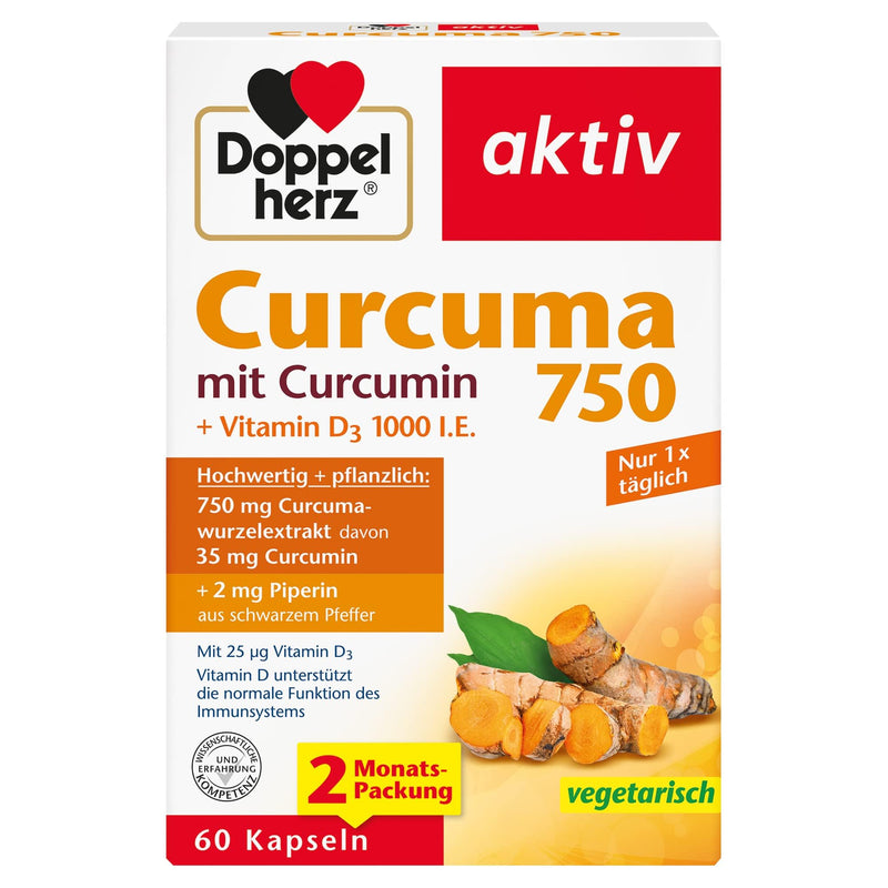 Doppelherz Curcuma 750 with Curcumin + Vitamin D3 1000 IU - Vitamin D supports the normal function of the immune system - 60 capsules 60 pieces (pack of 1) - NewNest Australia