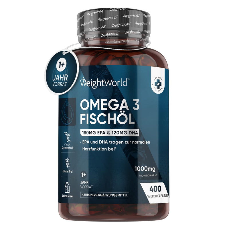 Omega 3 1000mg fish oil 400 soft capsules - 1+ year supply - Essential fatty acids EPA & DHA - Natural fish oil from anchovies - Sustainable & pure - Heart function & blood pressure (EFSA) - WeightWorld - NewNest Australia