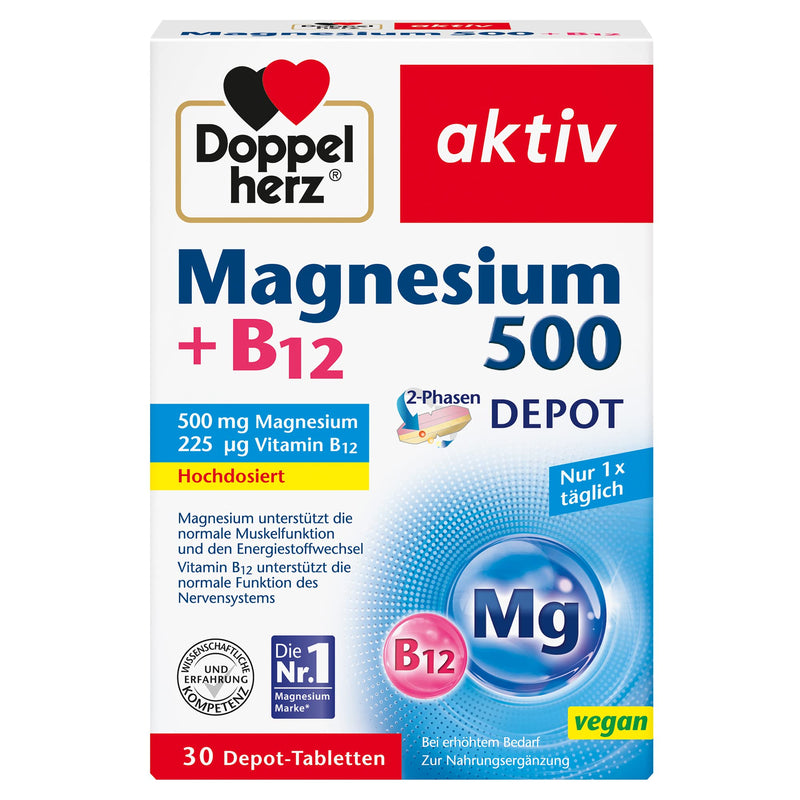 Doppelherz Magnesium 500 + B12 2-Phase - High dosage with 500 mg magnesium per depot tablet - 30 tablets 30 pieces (pack of 1) - NewNest Australia