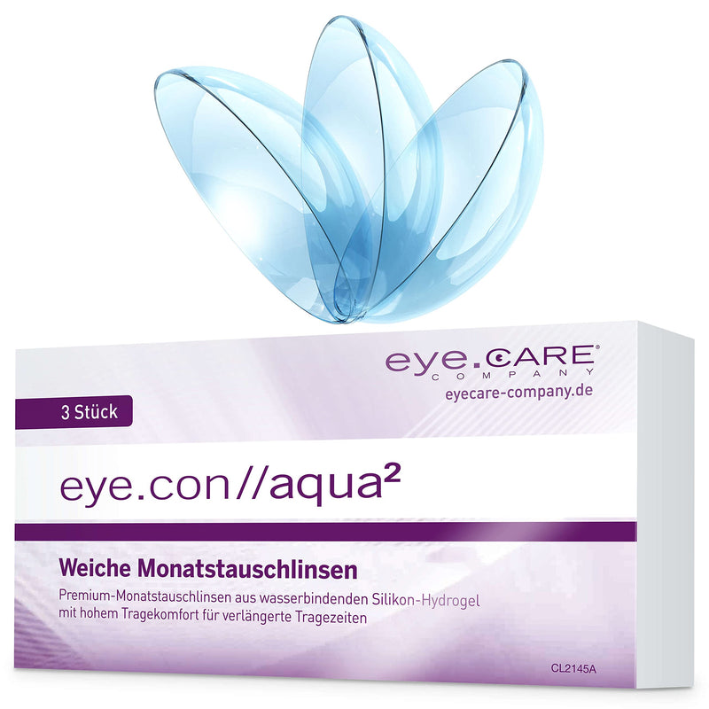 Eye.Con Aqua soft monthly lenses - with UV protection - box of 3 silicone hydrogel contact lenses with strength for sensitive eyes. Contact lenses with 55% water content BC 8.4mm, DIA 14.2mm, -2.00D -2.0 diopters 8.4 millimeters 14.20 millimeters 3.0 - NewNest Australia