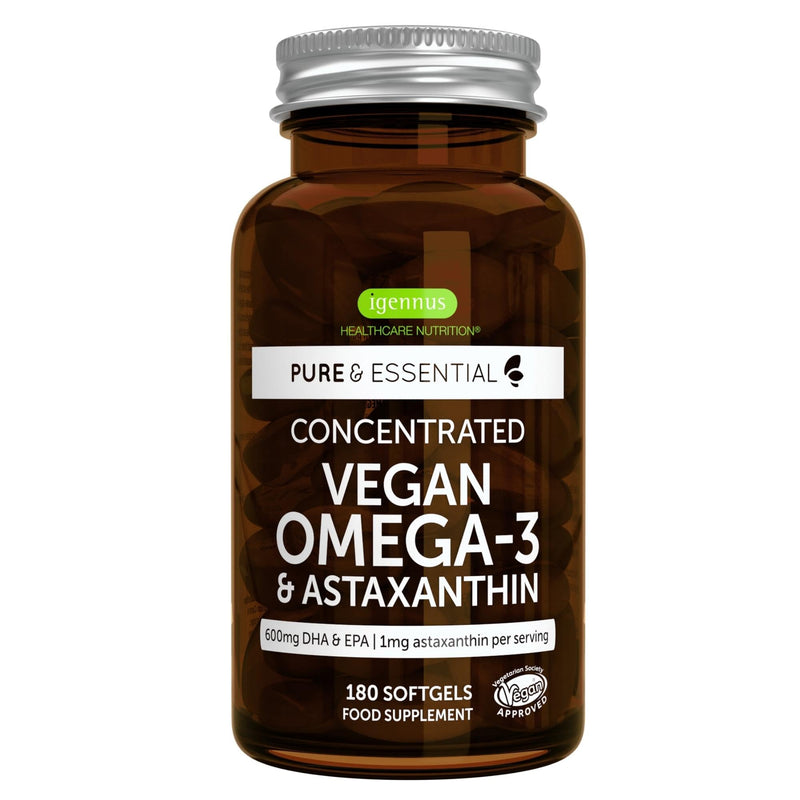 Omega 3 Vegan, algae oil capsules with astaxanthin, highly concentrated 600 mg DHA & EPA, 1344 mg daily dose made from sustainable algae oil & astaxanthin antioxidants, 180 soft capsules, from Igennus Tasteless 180 pieces (pack of 1) - NewNest Australia