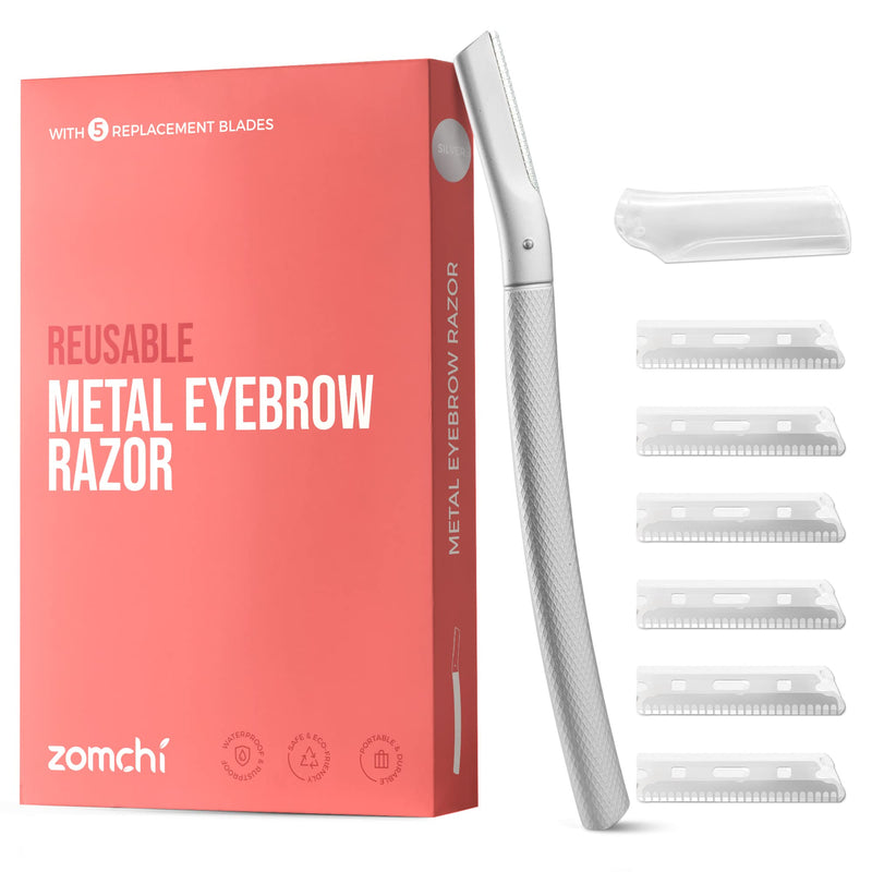Eyebrow Razor, Reusable Facial Razor for Men & Women, Stainless Steel Eyebrow Trimmer Shaper with Precision Cover, Dermaplaning Tool, Facial Razor with 6 Blades (Silver) Silver - NewNest Australia