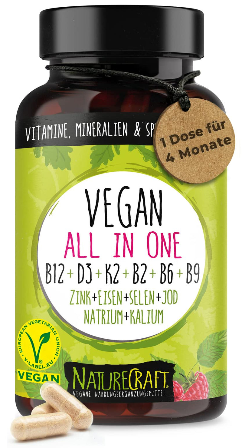 Vegan All-in-One - Vitamin B12+D3+K2+B2+B6+B9 Folic Acid + Zinc + Iron + Selenium + Sodium + Potassium + Iodine - Complex with 120 capsules (4 month supply) - NewNest Australia
