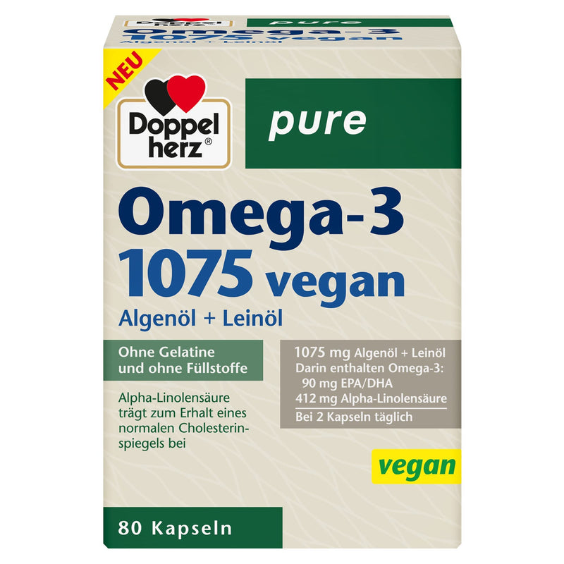 Doppelherz pure Omega-3 1075 vegan - algae oil + linseed oil - alpha-linolenic acid contributes to maintaining normal cholesterol levels - 80 capsules Single 80 pieces (pack of 1) - NewNest Australia