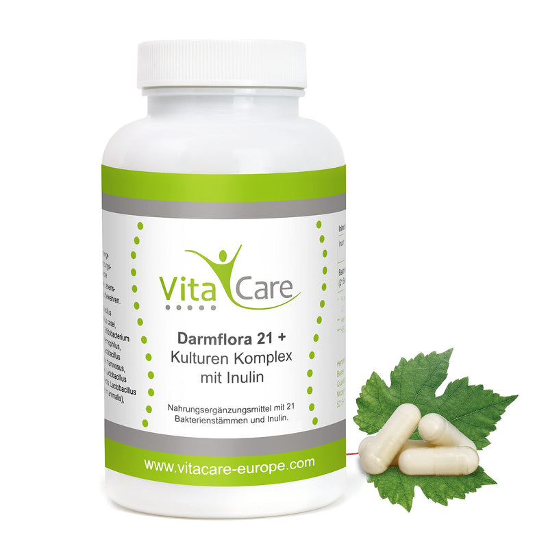 Vitacare Intestinal Flora 21+ / Bacterial Cultures - Culture Complex With Inulin - 21 Bacteria Strains With Prebiotic - 180 Vegan Enteric Juice-Resistant Capsules - NewNest Australia