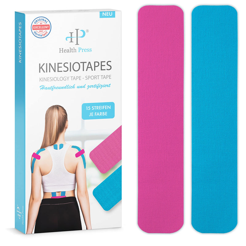 Kinesiotapes - 30 Kinesiology Tape Strips Precut Blue + Pink (25cm x 5cm) - Original Health Press Kinesiotape - Professional Physio Tape and Sports Tape - Skin-Friendly Tapes DERMATEST: VERY GOOD 25 x 5cm (30 pieces) - NewNest Australia
