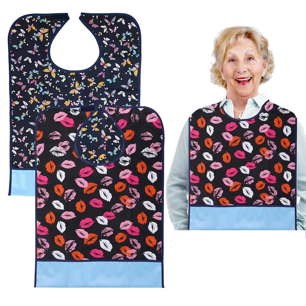 Waterproof Bibs For Adults, Washable, Pack Of 2, Butterfly Lips, Reusable, Waterproof Bibs For Elderly People With Crumb Catcher, Disabled Bibs For Women And Men, Black - NewNest Australia