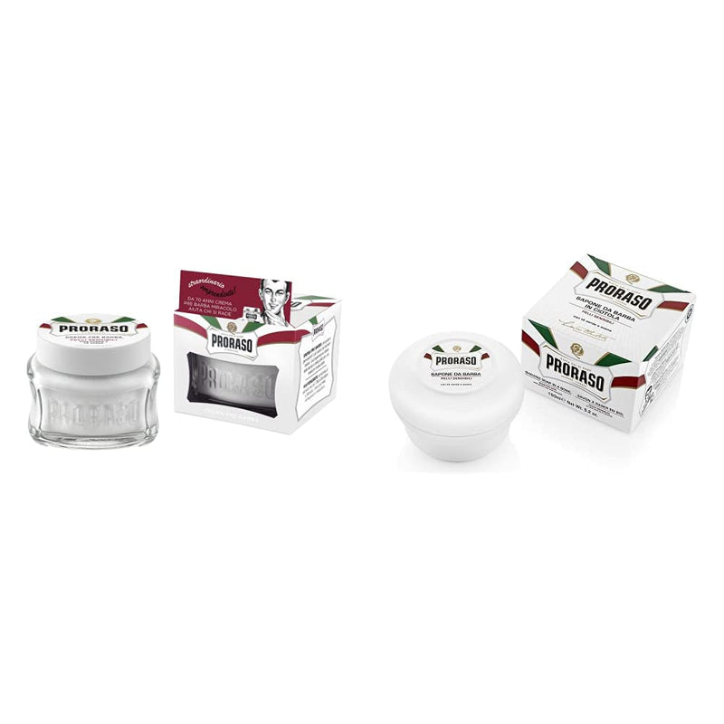 Proraso White Pre-Shave Cream Anti-Irritation, pack of 1 (1 x 100 ml) & shaving soap in a sensitive jar, 150 ml bundle with shaving soap - NewNest Australia