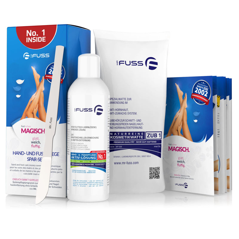 Mr. Fuss® No. 1 - Plus Pack Steel - Small, cuticle callus remover economy package 3 pieces. Active solution, quick & strong emollient - 200 ml, cotton wool, stainless steel scraper - NewNest Australia