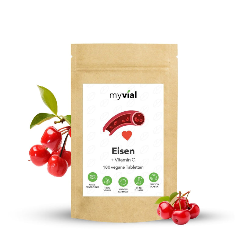 myvial® iron tablets 20 mg high dosage 180 pieces vegan without additives packed plastic-free - dietary supplement with iron bisglycinate - NewNest Australia