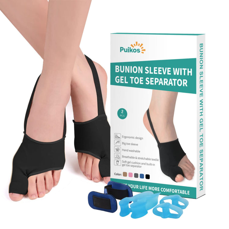 Puikos Hallux Valgus Toe Separator Toe Separator Set, 1 Pair Hallux Valgus Socks Bunion Corrector, 1 Big Toe Strap and 2 Toe Separators for Women Men (1 Toe/Large, Black) 1 Toe/Large - NewNest Australia