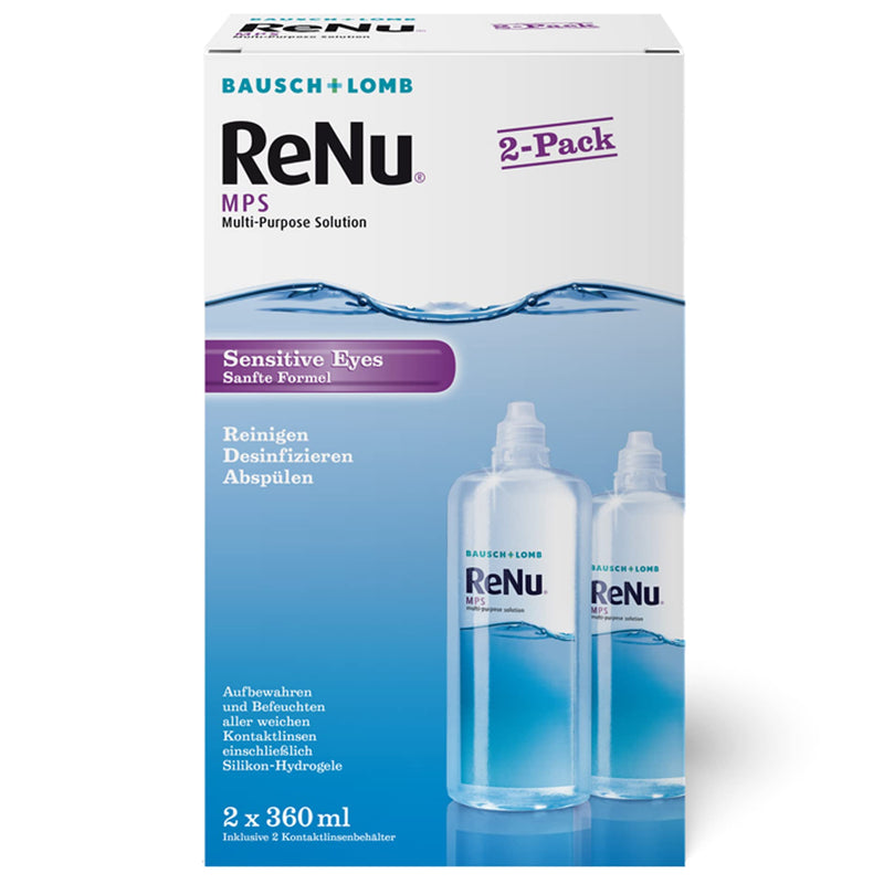 Bausch + Lomb ReNu MPS Sensitive Eyes Combination Solution - Contact Lens Cleaner and Storage Solution, Soft Contact Lenses, 2 x 360 ml, Transparent 360 ml (Pack of 2) - NewNest Australia