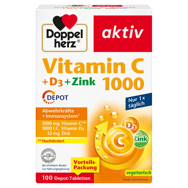 Doppelherz Vitamin C 1000 + D3 + Zinc - High dosage with vitamin C and vitamin D to support the immune system and protect cells - 100 DEPOT tablets 100 pieces (pack of 1) - NewNest Australia