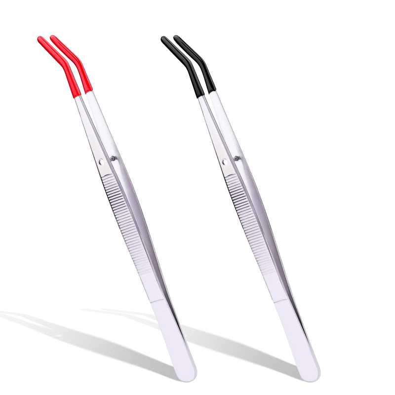 Kinbom Tweezers With Rubber Tips, 2 Tweezers Curved Stainless Steel Tweezers Rubber Tip For Craft Jewelery Making Laboratory Industrial Clips Stamps (Red, Black) - NewNest Australia