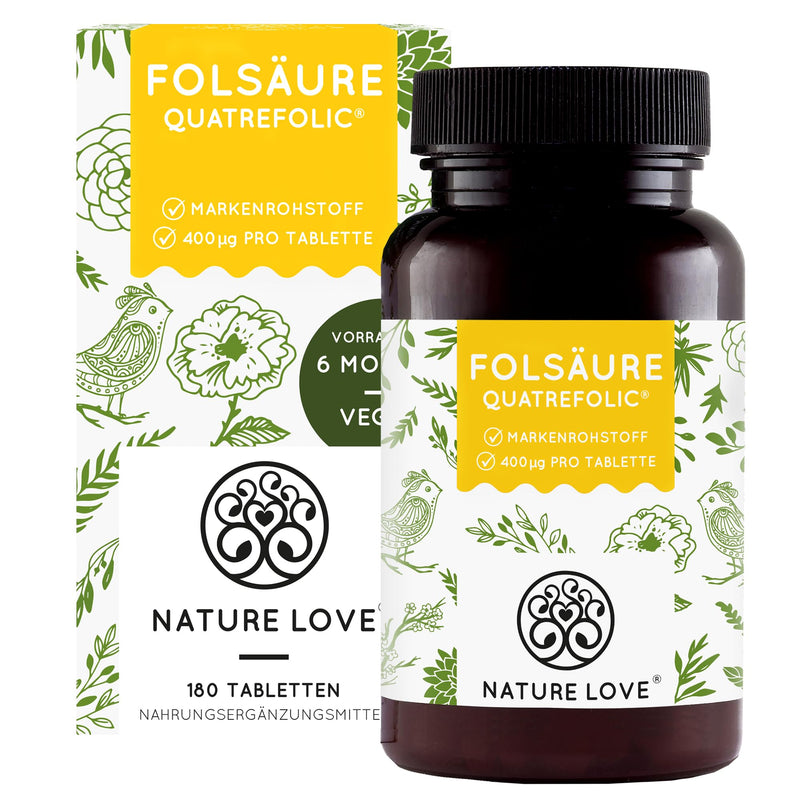 NATURE LOVE® Folic acid Quatrefolic® - 180 tablets - 400mcg per tablet - desire to have children and pregnancy* - high dosage, vegan, laboratory tested, produced in Germany - NewNest Australia