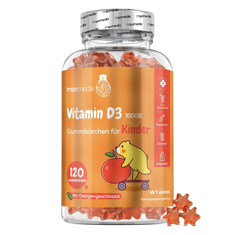 Vitamin D3 children's gummy bears 1000 IU - alternative to tablets & drops - 8 month supply - bones, teeth & immune system (EFSA) - 120 star-shaped pieces - 1 gummy every 2 days - orange flavor - NewNest Australia