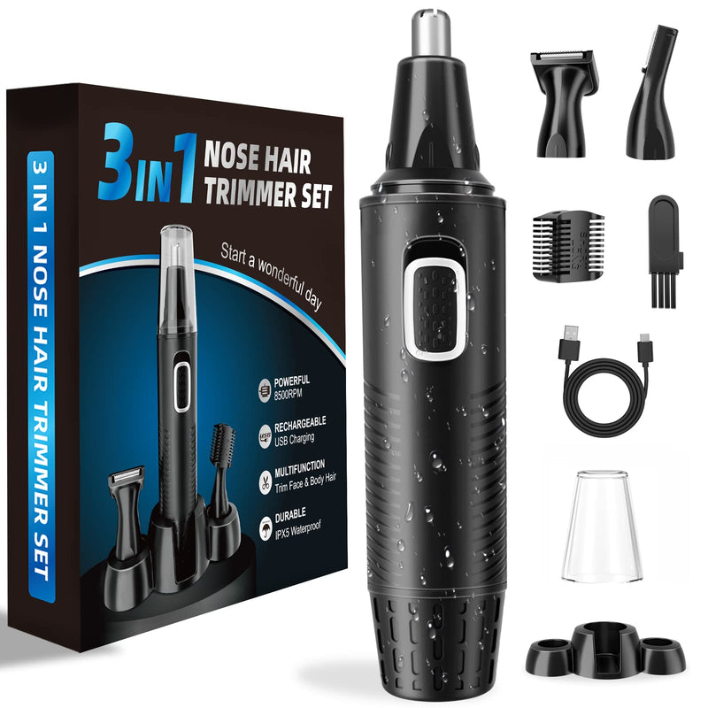 Nose Hair Trimmer, USB Rechargeable Nose Hair Trimmer 3 in 1 Set Ear Hair Trimmer with Double Cutting Blades, Professional Painless Eyebrow and Eye Hair Trimmer for Men and Women Black - NewNest Australia