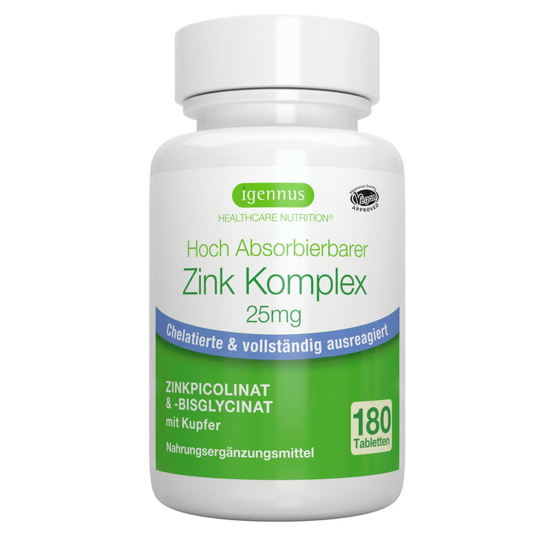 Zinc Chelate 25mg, zinc tablets high dosage with copper, zinc bisglycinate & zinc picolinate for healthy skin, immune system, and cell health, clean label, 180 tablets, from Igennus - NewNest Australia