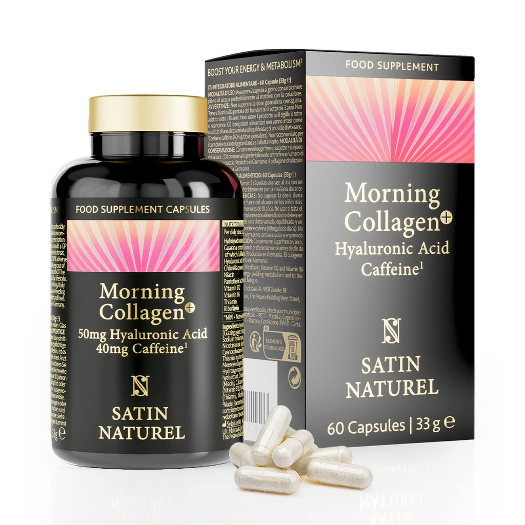 Hyaluronic Collagen Capsules High Dose + 40 Mg Caffeine - 550 Mg Marine Collagen With Vitamin B Complex & Chlorella - 60 Beauty Capsules Instead Of Caffeine Tablets - No Additives, Dietary Supplements - NewNest Australia