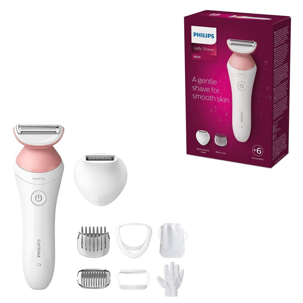 PHILIPS Lady Shaver Series 6000, wireless shaver with 6 accessories, body exfoliating glove, trimmer for the bikini area (model BRL146/00), white/pink BRL146/00 incl. 6 accessories - NewNest Australia