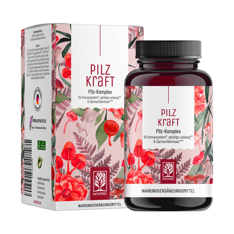 Naturtreu Pilzkraft 120 Capsules Mushroom Complex High Dose With Hericium Erinaceus (Lions Mane) Extract, Chaga, Reishi Extract, Shiitake Extract, Beta Glucan, Vitamin B2, B5 & B6 - NewNest Australia