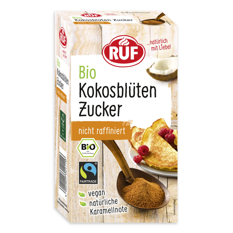 RUF organic coconut blossom sugar, natural sweetener, unrefined, vegan & FAIRTRADE, perfect sugar substitute for baking with a caramel note, 1 x 250g coconut blossom sugar - NewNest Australia