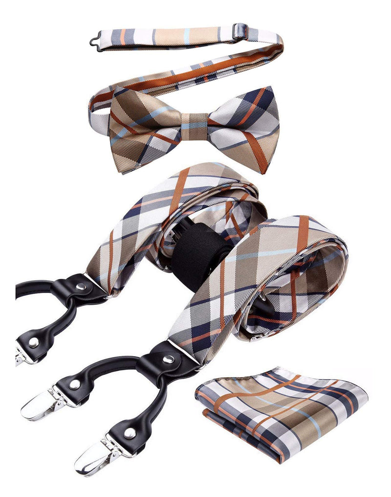 HISDERN,Men's Braces Bow Tie Set and Pocket Square Classic Adjustable Y Shape with 6 Strong Clips Braces One Size - NewNest Australia