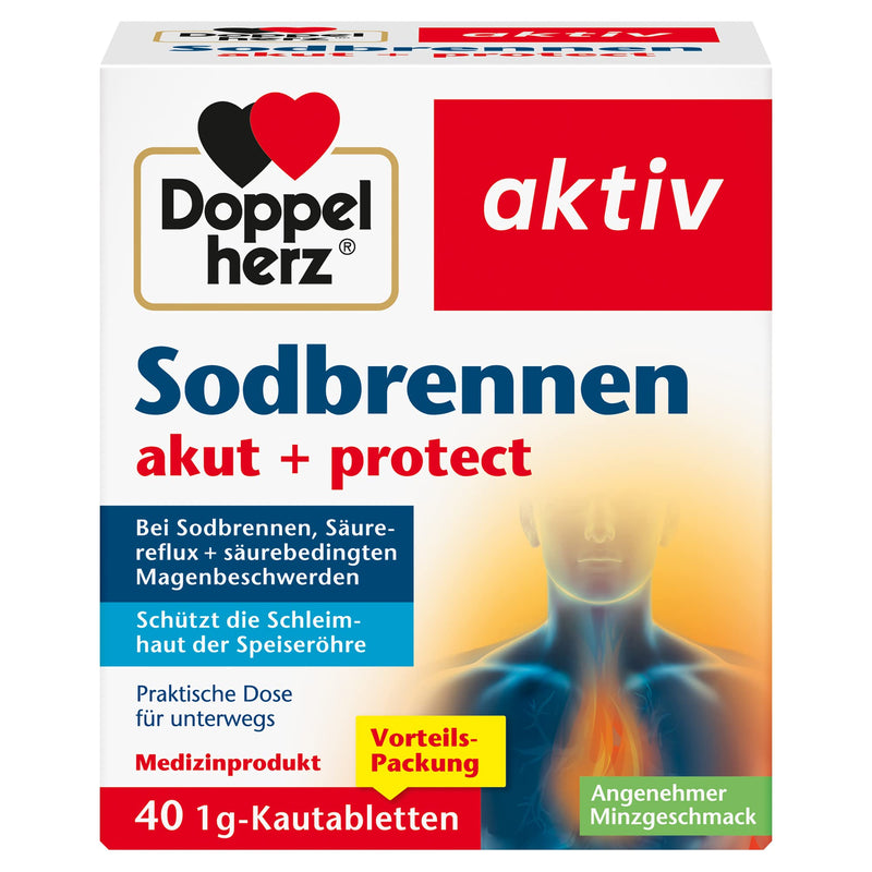 Doppelherz Heartburn Acute + Protect - Medical product for heartburn, acid reflux + acid-related stomach problems - 40 chewable tablets with mint flavor 40 pieces (pack of 1) - NewNest Australia