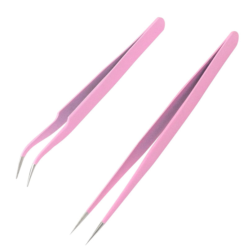 Sularpek 2 Pieces Tweezers Point, Professional Tweezers Eyelashes, Stainless Steel Tweezers Curved Straight Tweezers, Eyelash Extension Tweezers, Blackhead Remover Eyebrow Removal Tweezers (Pink) - NewNest Australia