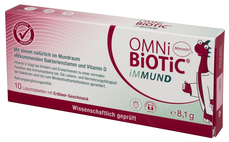 Omni Biotic Immund | 10 Lozenges | 1 Bacterial Strain | 1 Billion Germs Per Lozenge | With Vitamin D | Vegetarian | Sugar Free | For Daily Use | Also For Children | Strawberry Flavor 1 Piece (Pack Of 10) - NewNest Australia
