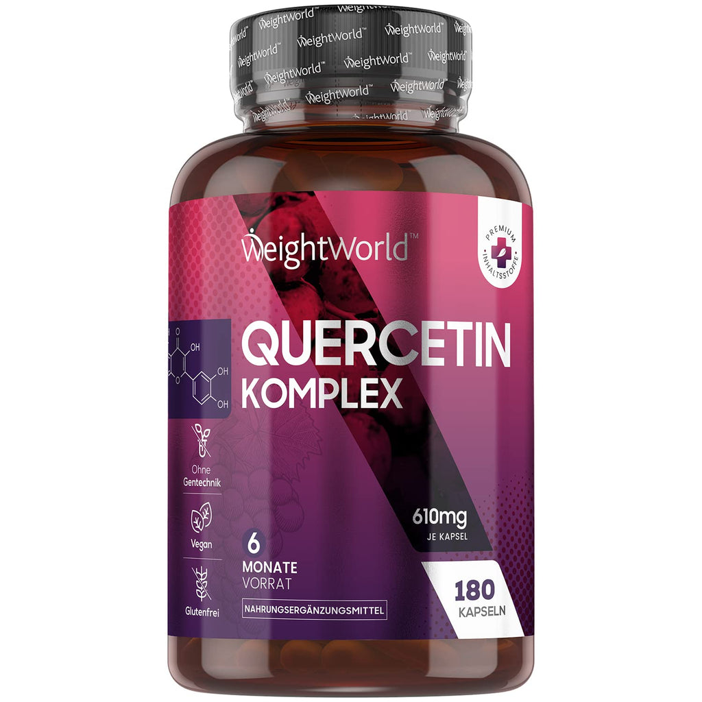 Quercetin complex with vitamin C, bromelain, rutin & acerola - 6 month supply - 180 capsules - 610mg per capsule - immune system, collagen formation & metabolism - pure quercetin powder - WeightWorld - NewNest Australia