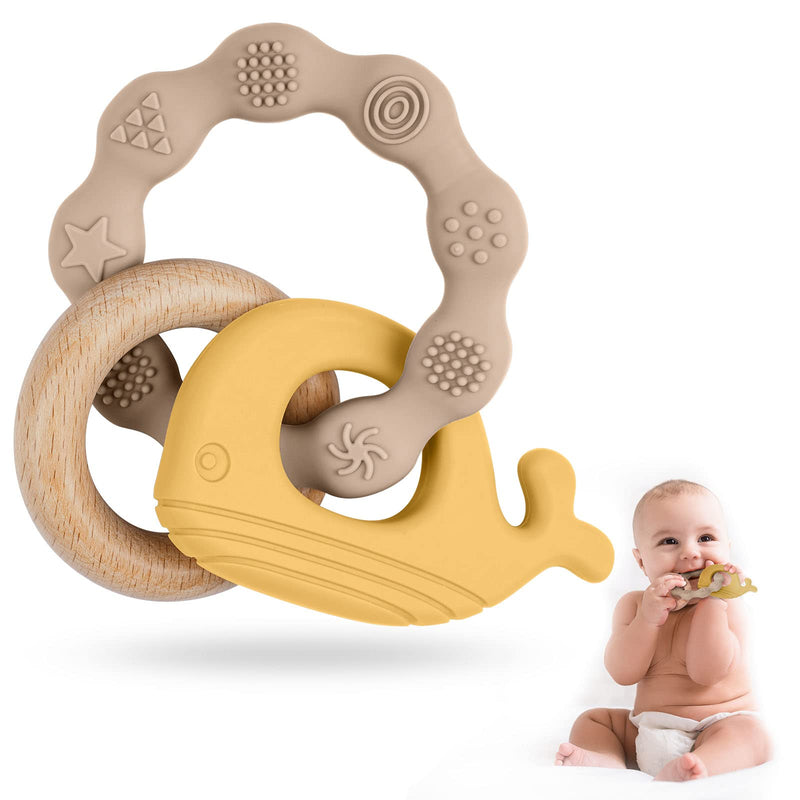 Vicloon Teething Ring For Babies, Teething Ring Toy Made Of Silicone And Wooden Rings, Baby Teething Aid Bpa-Free, Pain-Relieving Teething Nursing Accessories For Babies From 3 Months (Whale Brown) Whale Yellow - NewNest Australia