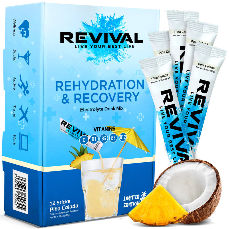 Revival Rapid Rehydration, Electrolyte Powder - High Strength Vitamin C, B1, B3, B5, B12 Supplement Sachet Drink, Effervescent Electrolyte Hydration Tablets - 12 Pack Pina Colada - NewNest Australia