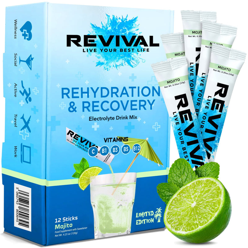Revival Rapid Rehydration, Electrolyte Powder - High Strength Vitamin C, B1, B3, B5, B12 Supplement Sachet Drink, Effervescent Electrolyte Hydration Tablets - 12 Pack Mojito - NewNest Australia