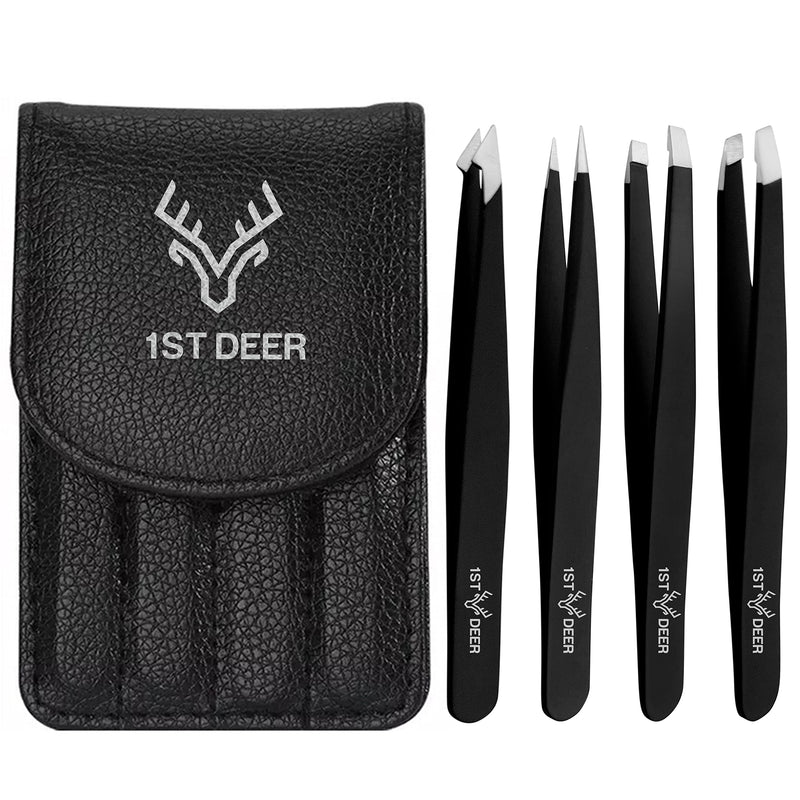 1St Deer Tweezers Set, 4 Piece Stainless Steel Precision Tweezers For Eyebrow Plucking Facial Hair Removal - Plucking Tweezers For Ingrown Hair, Blackheads And Tick Removal (Black) - NewNest Australia