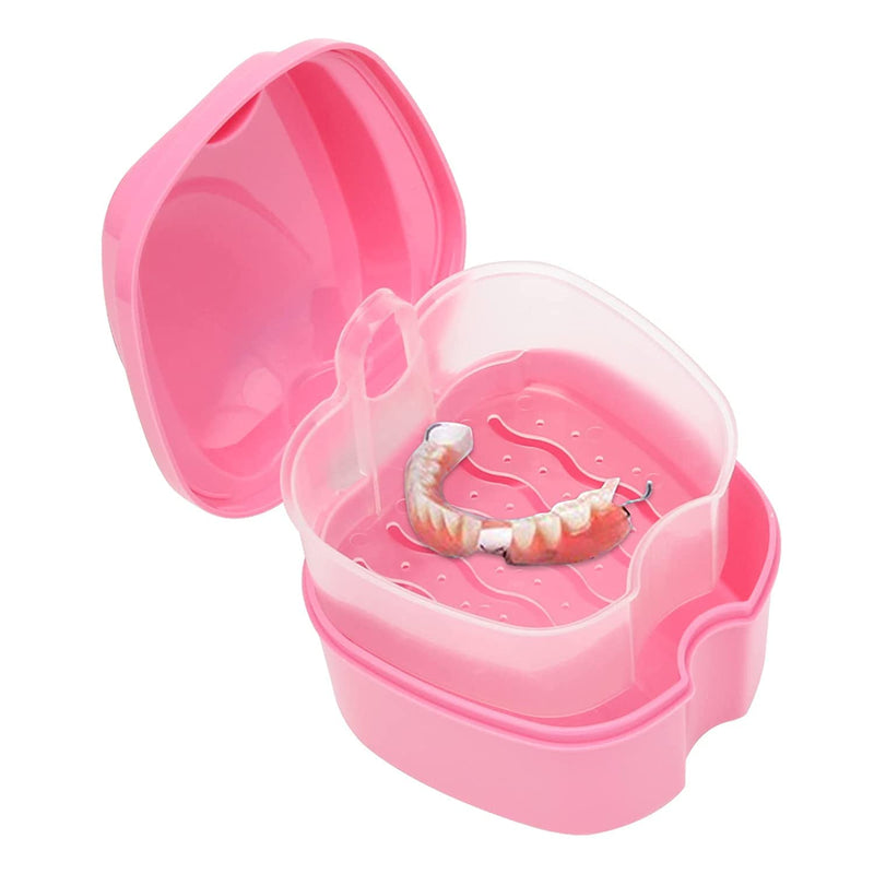 Denture Bath Case, Orthodontic Teeth Holder Box, Plastic, False Teeth, Bath Box, Denture Cleaning Kit, Container, Soaking, Dentures Cleaning Box With Filter (Pink) - NewNest Australia