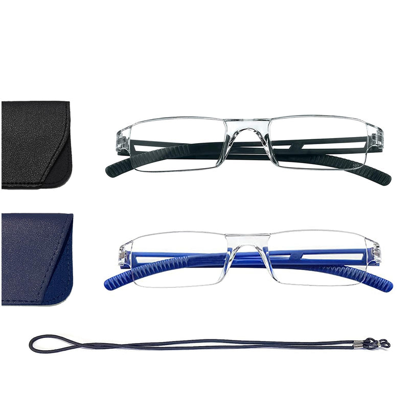 Hubeye Pack of 2 Frameless Reading Glasses Lightweight and Comfortable Anti Blue Light Reading Aid for Men and Women with Glasses Holster 2.50 Black/Blue 2.5 Diopters - NewNest Australia