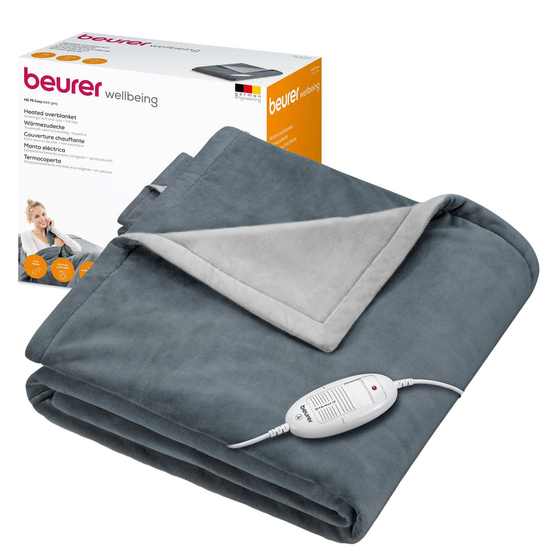 Beurer HD 75 Dark Gray electric blanket, cuddly soft heated blanket, 6 temperature levels, machine washable, with automatic switch-off and particularly safe, dark gray, 180 x 130 cm - NewNest Australia