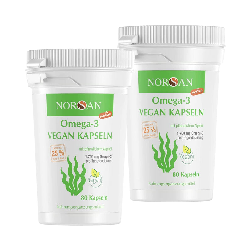 NORSAN Premium Omega 3 Vegan Capsules Pack of 2 (2x 80 pieces) / 1,700 mg Omega 3 per daily dose/vegan algae oil capsules with 420 mg EPA & 840 mg DHA/Omega 3 algae oil from sustainable cultivation 80 pieces (pack of 2) - NewNest Australia