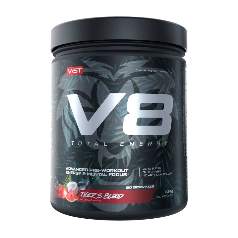 V8 Total Energy - Pre Workout Booster - Training Booster - CarnoSyn®, BetaPower®, Natural Caffeine - Vegan - Sugar Free - 20 Servings - Limited Edition - Tiger's Blood - NewNest Australia