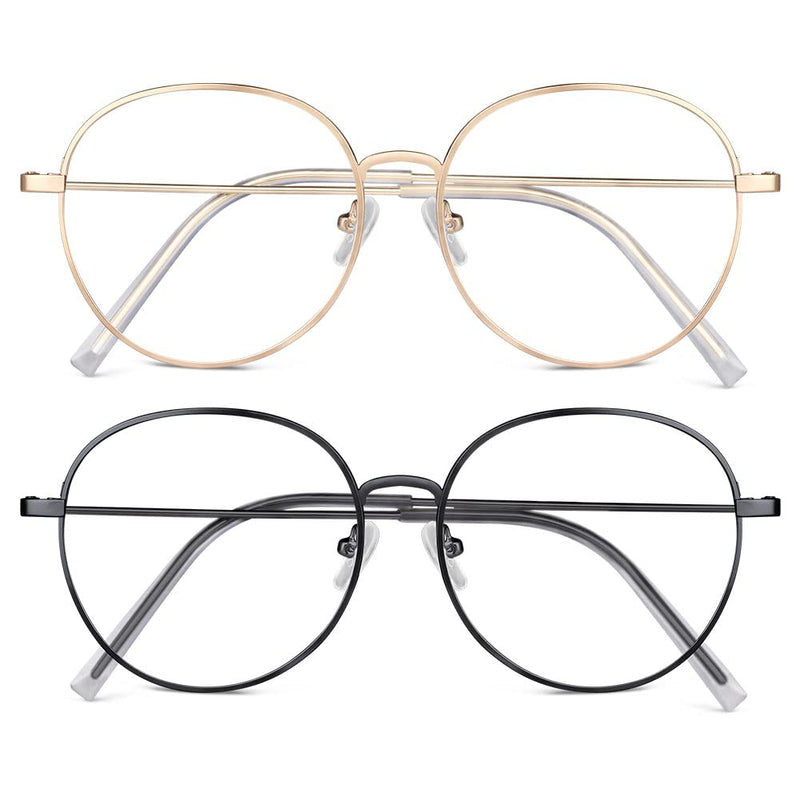 ACWOO Blue Light Filter Glasses, Set of 2 Round Anti Blue Light PC Gaming Glasses Fashion Glasses, Metal Blue Light Blocking Glasses, Retro Without Strength Blue Filter Glasses for Women Men (Gold + Black) Round (Gold + Black) - NewNest Australia