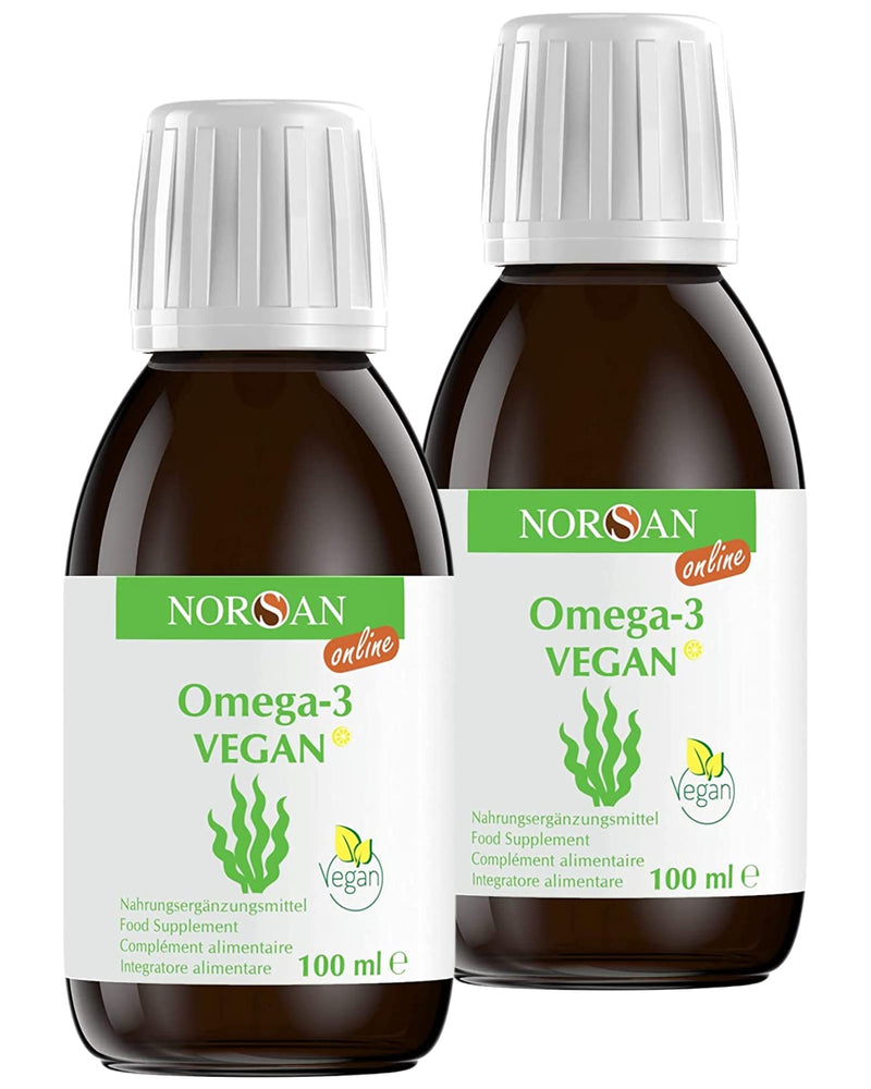 NORSAN Premium Omega 3 Vegan high dosage pack of 2 (2x 100ml) / 2000mg, daily dosage/algae oil rich in EPA & DHA 800 IU vitamin D3 / 100% vegan oil sustainable cultivation 100.00 ml (pack of 2) - NewNest Australia
