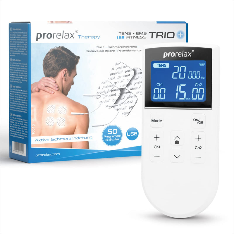 Prorelax Tens/Ems Trio+ | Battery-Operated Electrostimulation Device | 3 Therapies - Tens, Ems, Fitness | For Relaxation, Muscle Building, Pain Relief | 50 Programs | 16 Intensity Levels Trio+ - NewNest Australia
