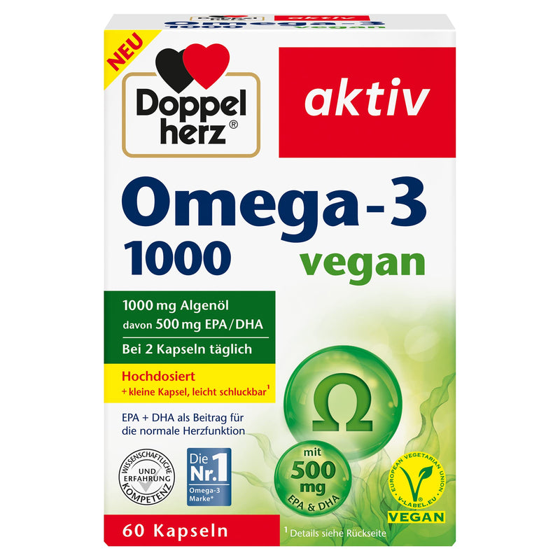 Doppelherz Omega-3 1000 vegan - high-dose omega-3 fatty acids EPA & DHA from vegetable algae oil - 60 small & vegan capsules 60 capsules - NewNest Australia