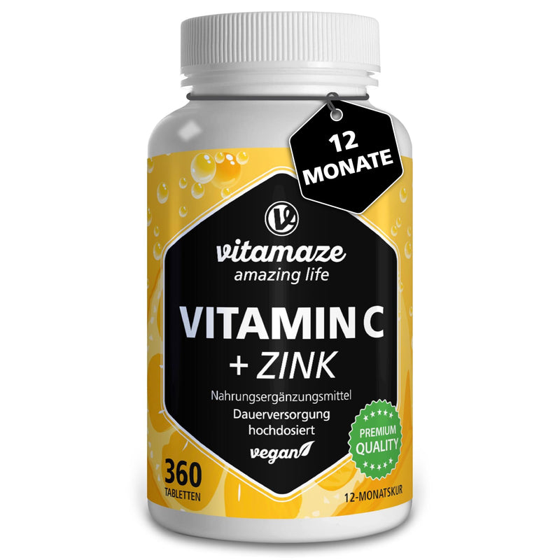 High-dose vitamin C 1000 mg + zinc, 360 tablets for 1 year, vegan & optimally bioavailable, natural dietary supplement without unnecessary additives, made in Germany - NewNest Australia